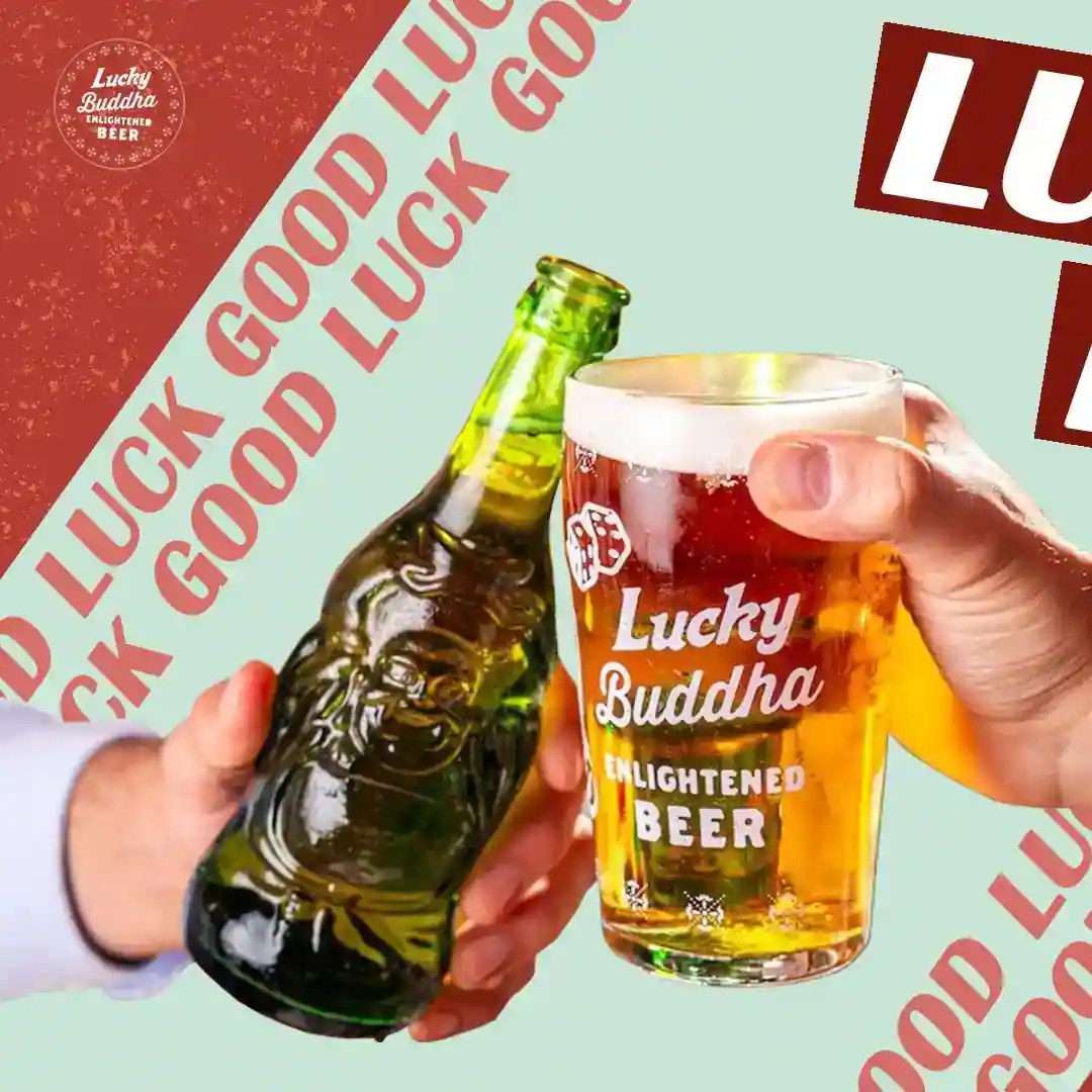 An blue and red advertisement for lucky buddha beer